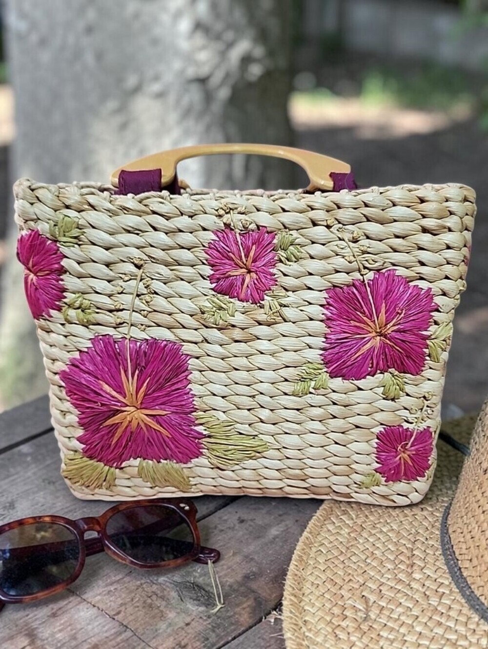 Faded Glory Vintage Woven Straw Floral Tote Bag With Wood Handles